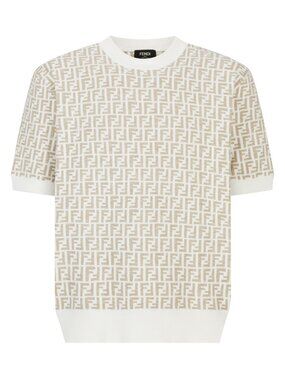 Fendi Beige & White Short Sleeve FF Monogram Crewneck Sweater